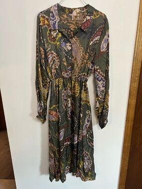 ESQUALO Olive Green Paisley Long Sleeve Midi Dress